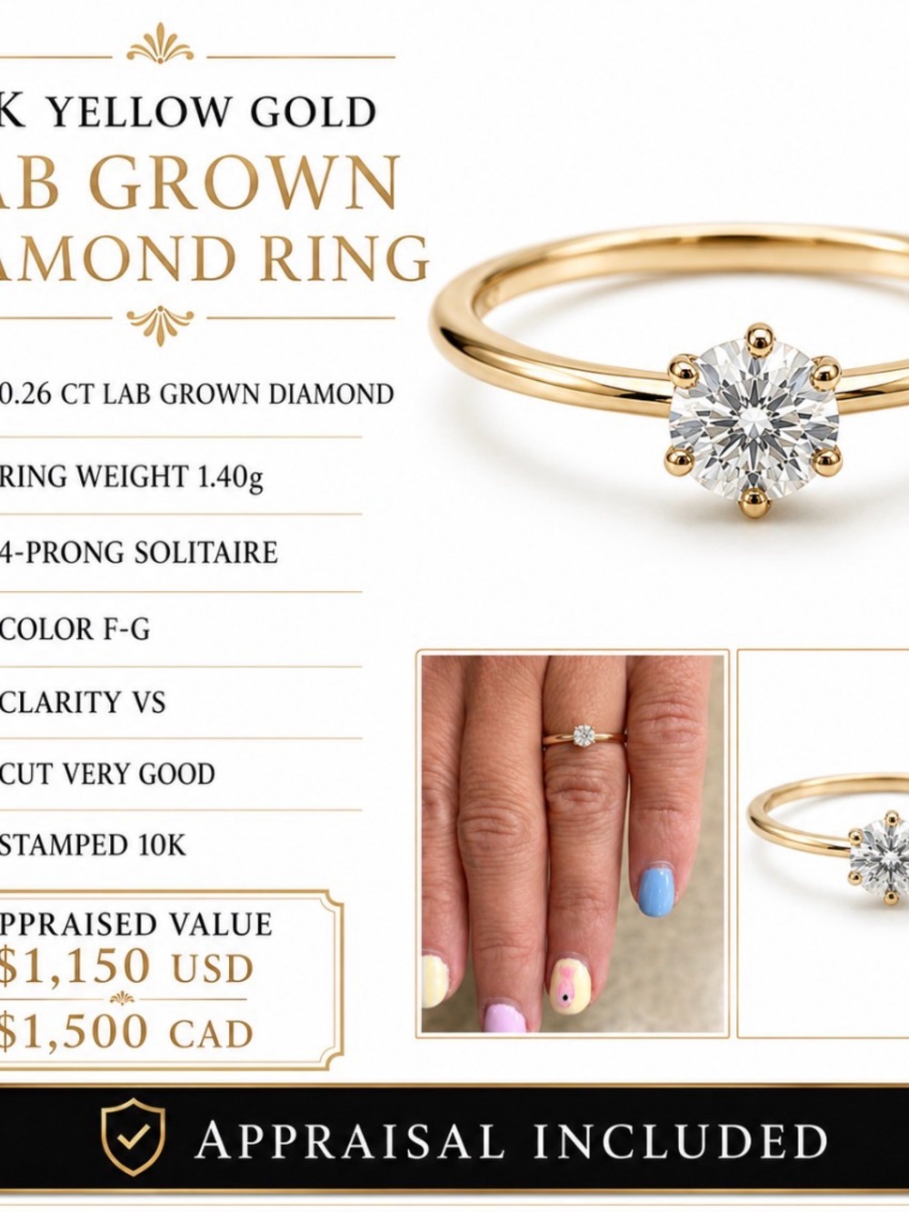 10K Yellow Gold Solitaire Lab-Grown Diamond Ring - Yellow Gold